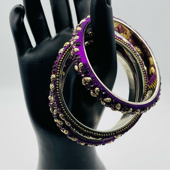 Vintage Trio of Purple India Bangle Bracelets With Rhinestones - Picture 1 of 16